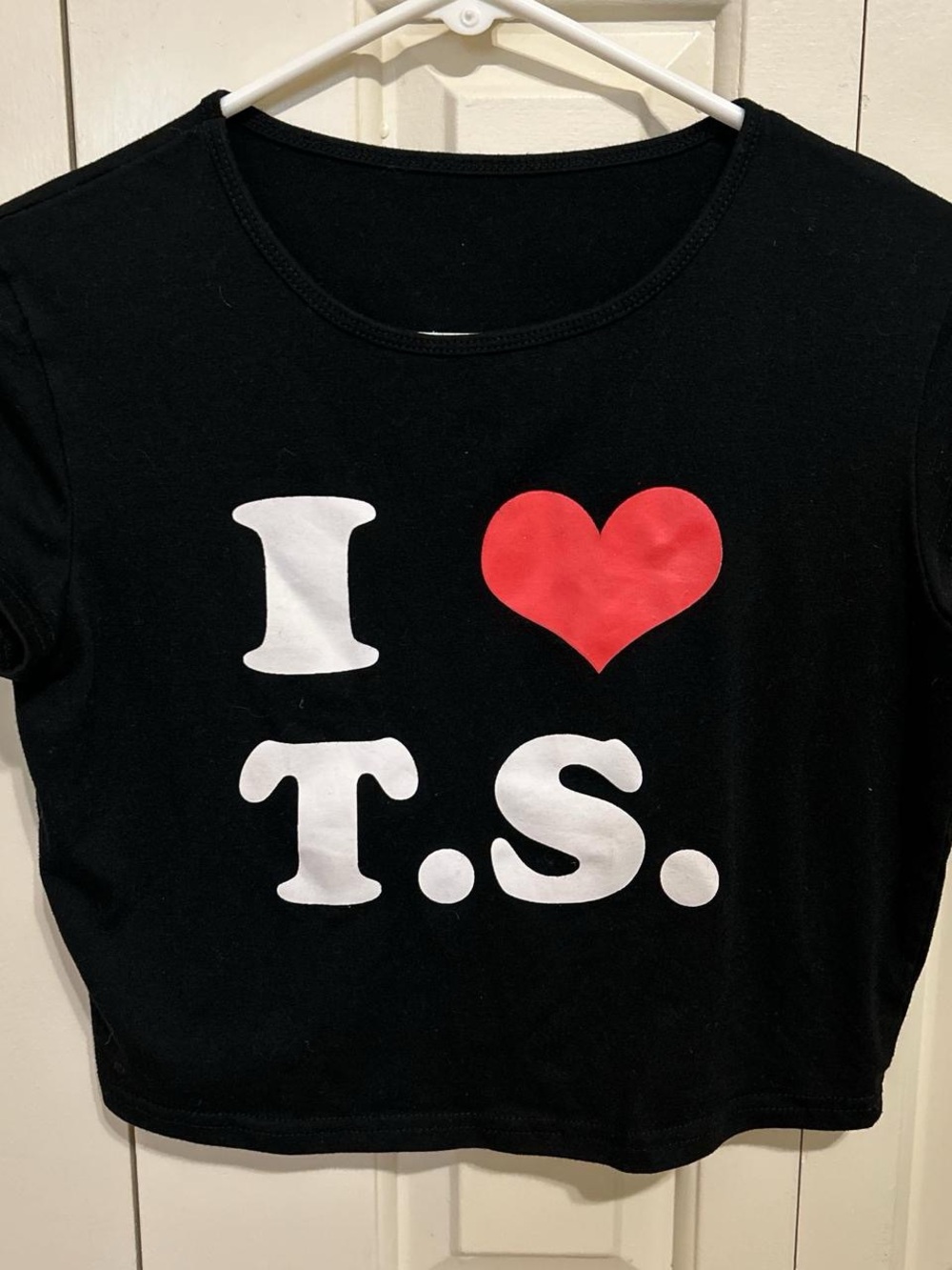 SHEIN Black Crop Top with White 'I T.S.' Print and Red Heart